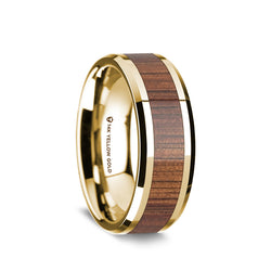 14K Gold wedding band with exotic koa wood inlay and beveled edges