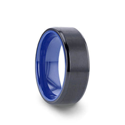 Black Titanium wedding ring with brushed center, royal blue interior and beveled edges.