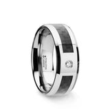 Tungsten wedding ring with black carbon fiber inlay, diamond setting and beveled...