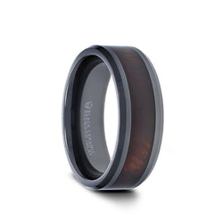 Black Ceramic men's wedding ring with redwood inlay and beveled edges. 