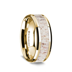 14K Gold wedding ring with antler inlay and beveled edges.