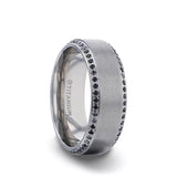 Titanium men's wedding ring with brushed center featuring a bevel eternity arrangement...