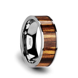 Flat Tungsten Carbide ring with real zebra wood inlay and polished edges