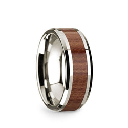 14K White Gold wedding band with rosewood inlay and beveled edges.