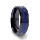 Black Ceramic men's wedding ring with polished blue stripe and beveled edges.