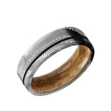 Tightweave Damascus flat men's wedding band with a 0.5mm off-center black cerakote...