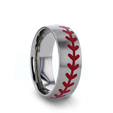 Titanium wedding ring with red baseball stitching and brushed finish.