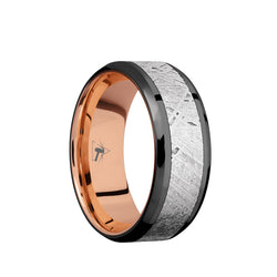 Black Zirconium men's wedding band with 5mm of meteorite inlay and beveled edges featuring a 14K rose gold sleeve.