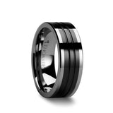 Tungsten Carbide men's wedding ring with grooved design and black ceramic inlay....