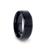 Black Titanium wedding ring with brushed finish center and beveled edges.