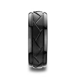 Tungsten Carbide wedding ring with brushed black center and cross-alternating diagonal cuts