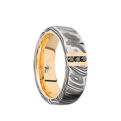 Damascus men's wedding band with a 14K Yellow Gold vertical inlay and sleeve featuring a black diamonds.
