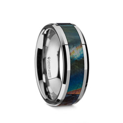Tungsten wedding band with beveled edges and spectrolite inlay