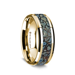 14K Gold wedding band with blue dinosaur bone inlay and beveled edges.