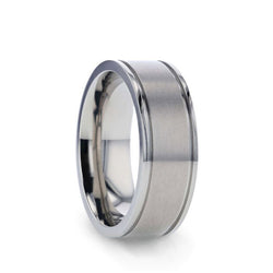 Titanium men's wedding ring with dual grooves and a flat satin finish.