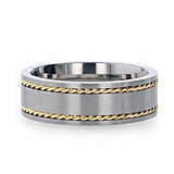 Titanium flat men's wedding ring with two braided 14K gold inlay and...