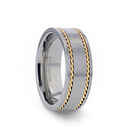 Titanium flat men's wedding ring with two braided 14K gold inlay and brushed finish. 