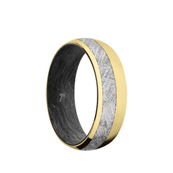10K Gold domed men's wedding band with 3mm of meteorite inlay featuring a forged carbon fiber sleeve and a satin brushed finish