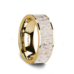 14K Gold flat wedding ring with antler inlay