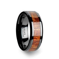 Black Ceramic men's wedding ring with mahogany hard wood inlay and beveled edges