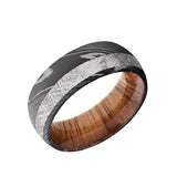 Damascus domed men's wedding band with 3mm of meteorite inlaid off center...