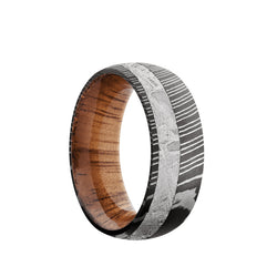 Damascus domed men's wedding band with 3mm of meteorite inlaid off center featuring a Koa wood sleeve. 