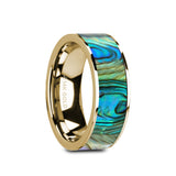 14K Gold flat wedding ring with mother of pearl inlay with polished...