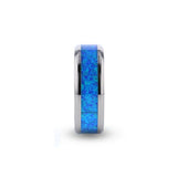 Titanium men's wedding ring with blue green opal inlay and beveled edges.
