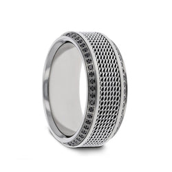 Titanium wedding ring with steel chain inlay set with round black diamonds and polished beveled edges