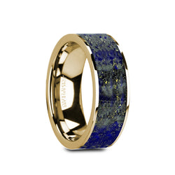 14K Gold flat men's wedding ring with blue lapis lazuli inlay and polished finish