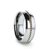 Tungsten domed men's wedding ring with braided 14K gold inlay and polished...