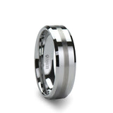 Tungsten wedding ring with beveled edges and a brushed stripe