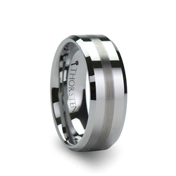 Tungsten men's wedding ring with a brushed stripe and beveled edges