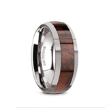 Tungsten Carbide domed men’s wedding band with redwood inlay and polished finish
