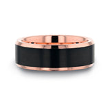 Rose Gold Plated Tungsten wedding ring with brushed black center and beveled...