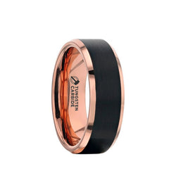 Rose Gold Plated Tungsten wedding ring with brushed black center and beveled edges.