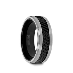 Black Ceramic and Tungsten men's wedding ring with gear teeth pattern and polished finish