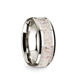 14K White Gold wedding band with white deer antler inlay and beveled edges.