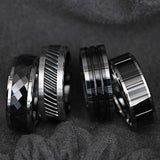 Black Ceramic and Tungsten men's wedding ring with gear teeth pattern and...