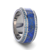 Titanium wedding ring with lapis lazuli inlay set with round blue diamonds...