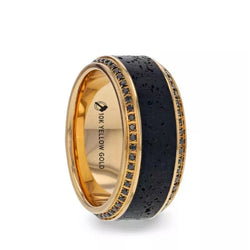 10K Yellow Gold & Rose Goldmen's wedding ring with lava inlay and set with round black diamonds and beveled edges. 
