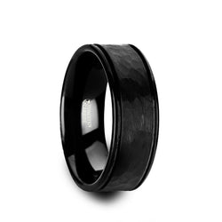 Tungsten Carbide wedding ring with hammered finish black center and dual offset grooves