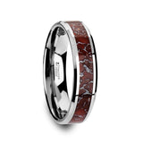 Tungsten wedding band with beveled edges and red dinosaur bone inlay