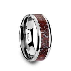 Tungsten men's wedding band with red dinosaur bone inlay and beveled edges