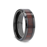Black Ceramic men's wedding ring with cocobolo wood inlay and beveled edges