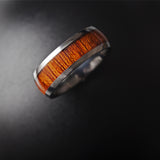 Tungsten Carbide polished finish men’s domed wedding band with koa wood inlay