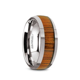 Tungsten Carbide domed men’s wedding band with koa wood inlay and polished...