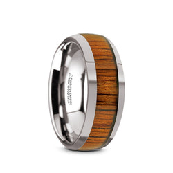 Tungsten Carbide domed men’s wedding band with koa wood inlay and polished finish