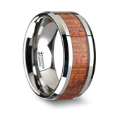 Tungsten Carbide polished finish men’s wedding band with exotic mahogany hard wood...