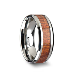 Tungsten Carbide men’s wedding band with exotic mahogany hard wood inlay and polished finish